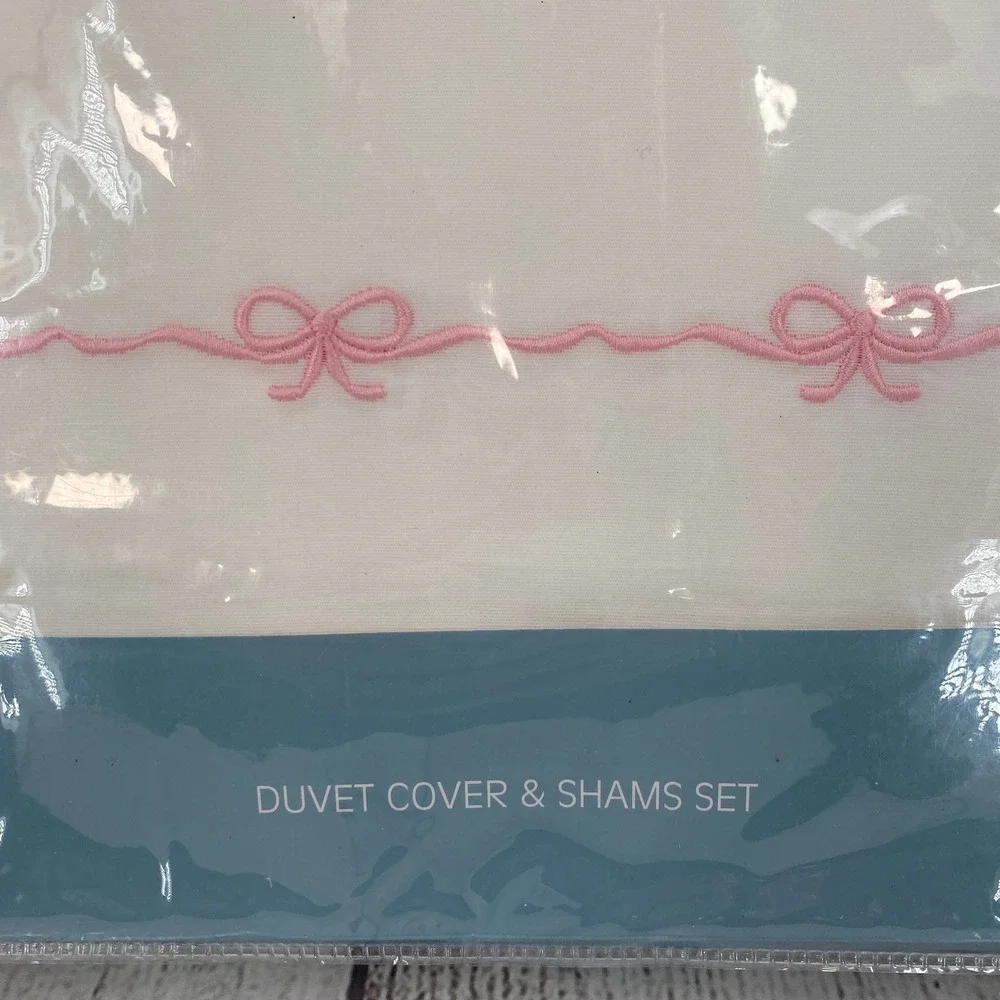 Kassatex Duvet Cover Set King White Pink Embroidered Bows 100% Cotton Percale